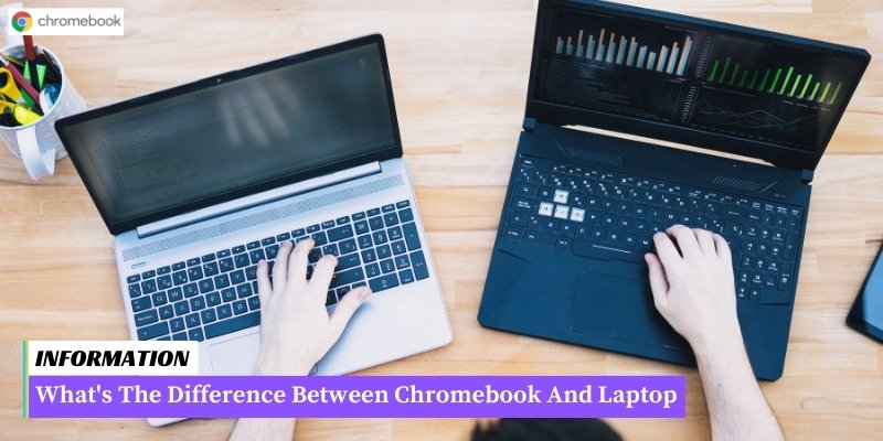 A comparison image showing a Chromebook and a laptop side by side, highlighting their key differences.