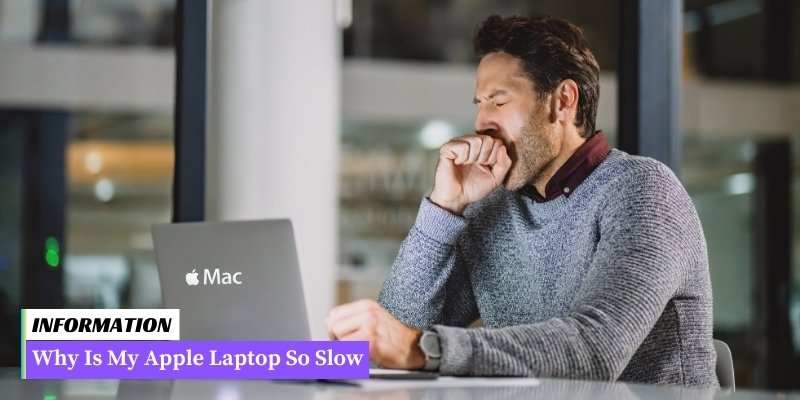 A close-up of an Apple laptop with the Apple so slow.