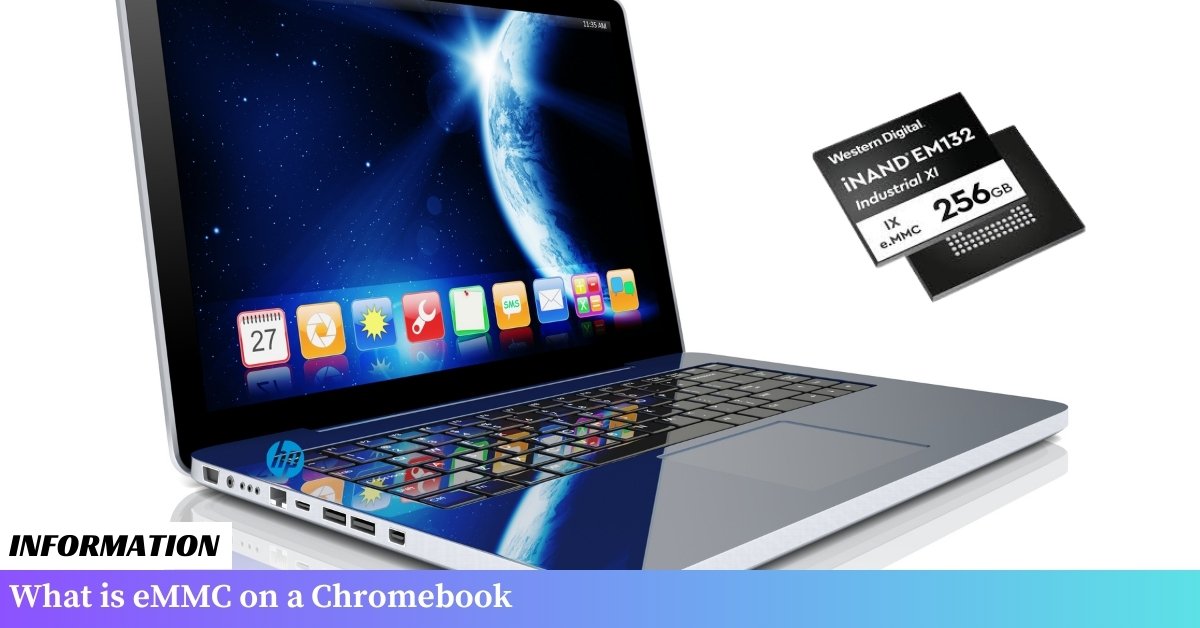 Is A Chromebook: A laptop displaying a Chromebook logo on its screen, eMMc Memory.